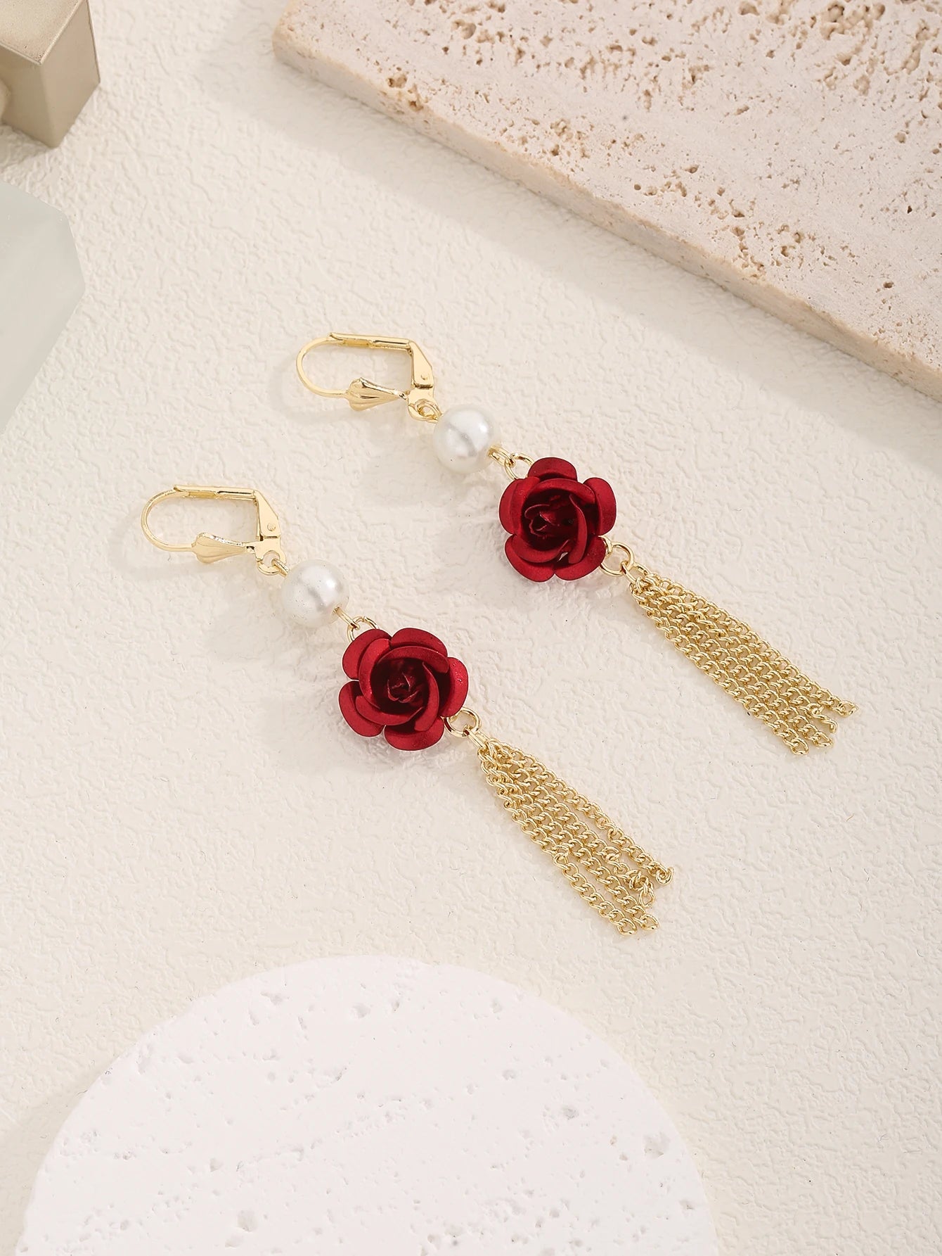 Red Rose Pearl Tassel Earrings