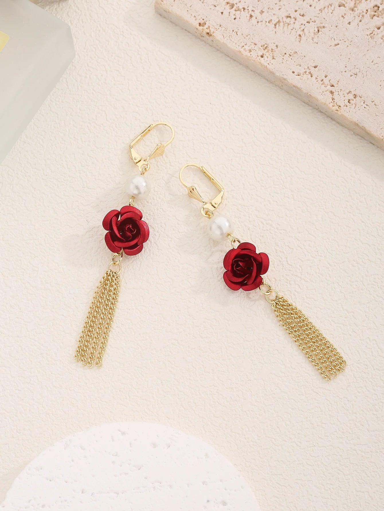 Red Rose Pearl Tassel Earrings