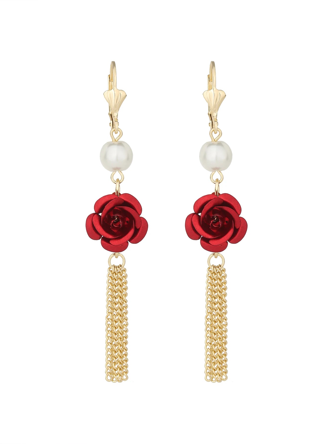 Red Rose Pearl Tassel Earrings