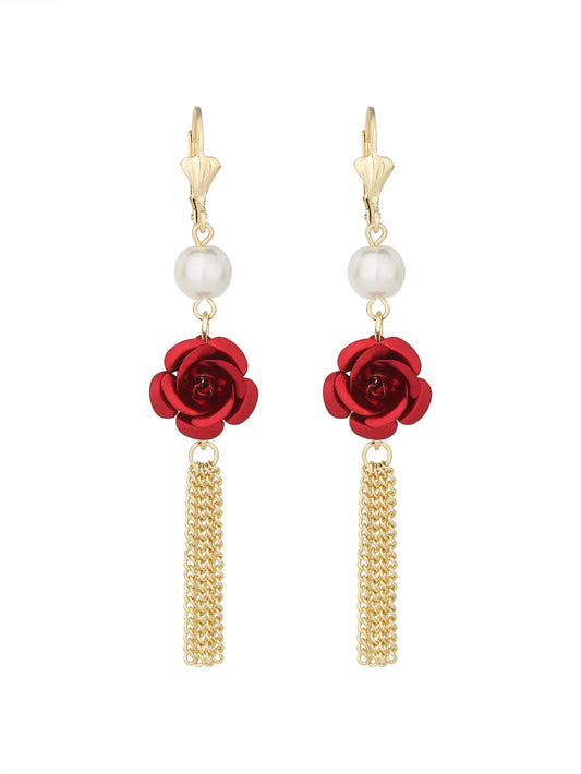 Red Rose Pearl Tassel Earrings